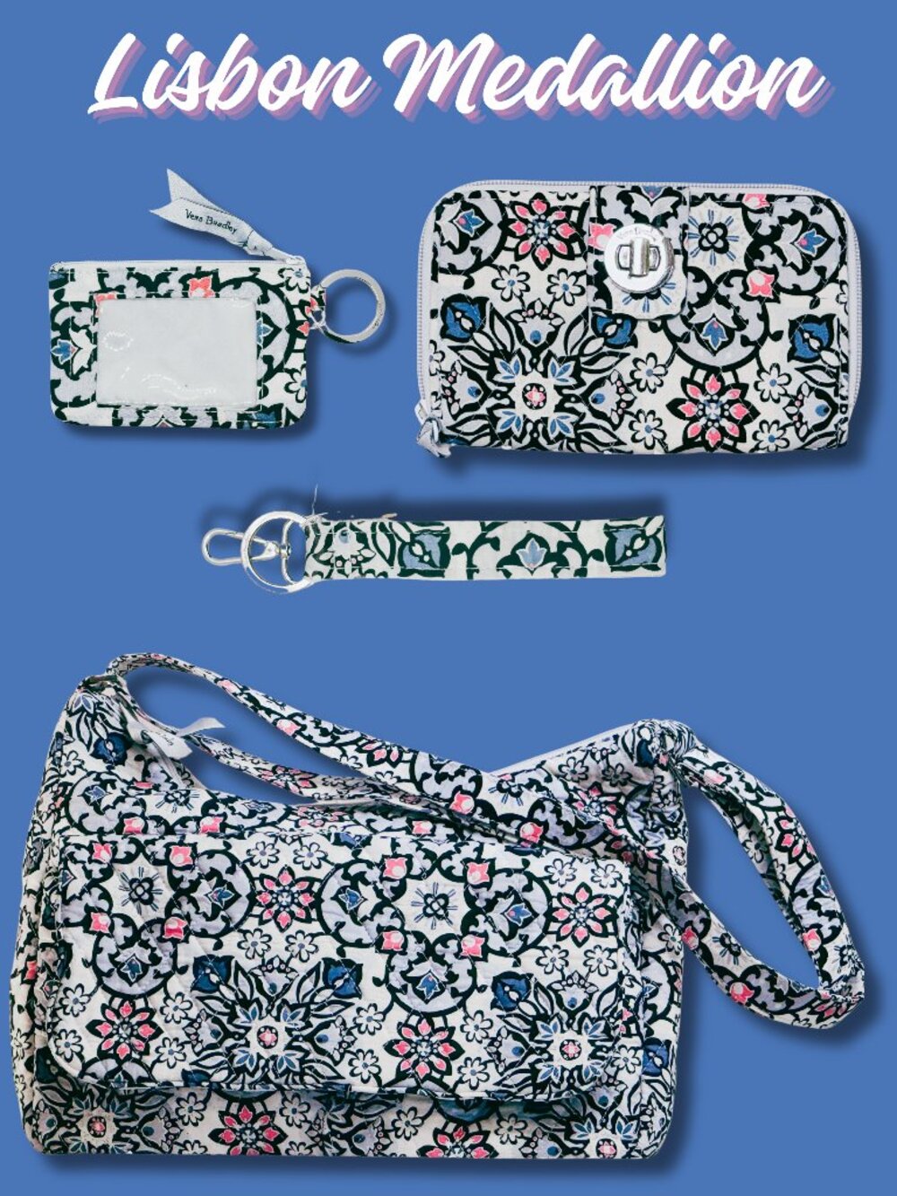 Vera Bradley Lisbon Medallion Messenger Bag Wallet ID Case Keychain Set 4pc